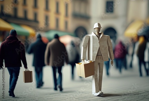 portrait of a paper man walking on urban street with blur crowd of people are rush walking on street in urban city at day time as background, idea for feeling lonely, feel not belonging to anywhere