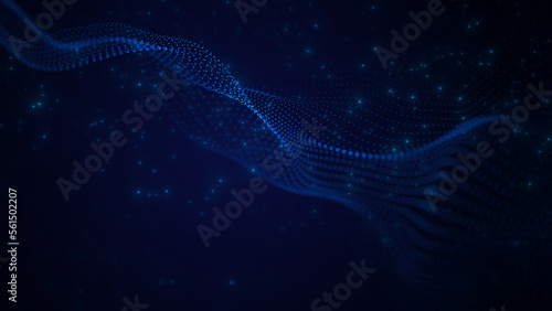 Abstract blue wave of dots and flying particles. Information cyberspace. Illustration of a network connection. The concept of big data. 3d rendering.