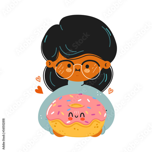 Young cute funny girl hold Donut in hand. Girl hugs cute Donut. Vector hand drawn doodle style cartoon character illustration icon design. Isolated on white background