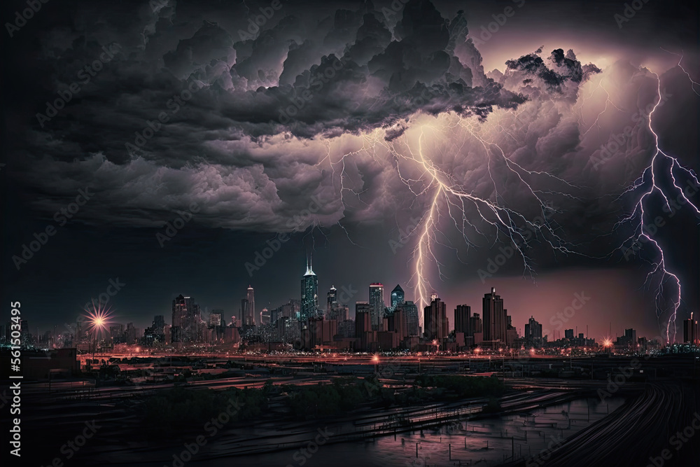 Dark stormy night sky with lightning bolts over a city made with ...