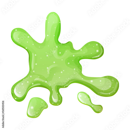 Slime splat, green bright sticky jelly drop with glitter in cartoon style isolated on white background.