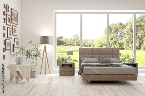 White bedroom interior. Scandinavian design. 3D illustration