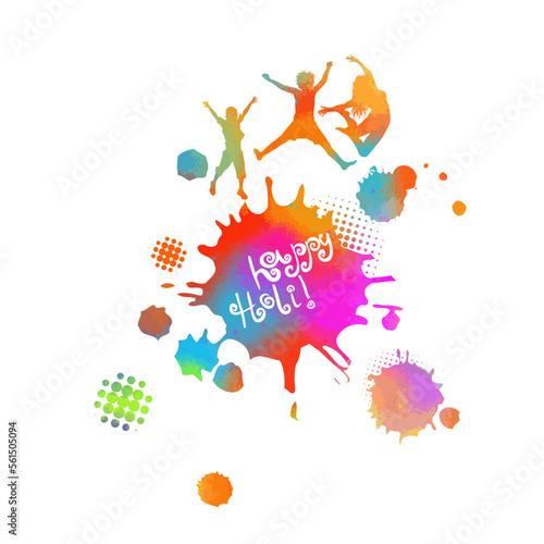 Happy Holi card with kid and blots. Spotted silhouette in iridescent tones on white background. Vector illustration