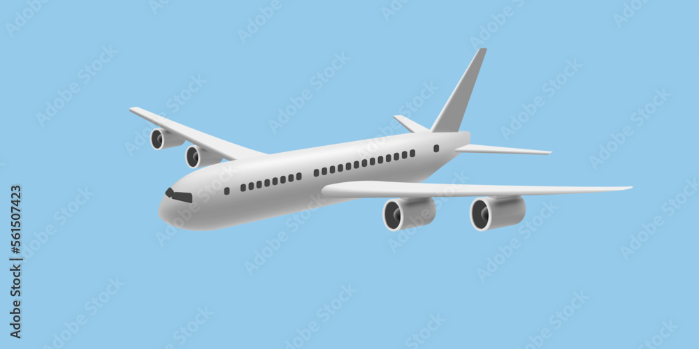 3D White Glossy Commercial Jet Airplane render cartoon illustration