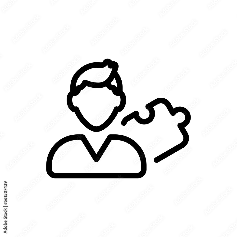 Man and puzzle line icon. Problem solving, question mark, puzzle, application development, creative thinking. Board games concept. Vector black line icon on white background Man and puzzle line icon. Problem solving, question mark, puzzle, application development, creative thinking. Board games concept. Vector black line icon on white background