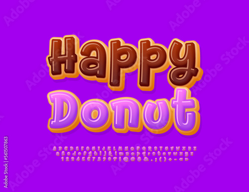 Vector playful emblem Happy Donut. Funny handwritten Font. Sweet Alphabet Letters and Numbers set