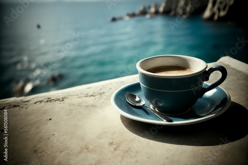 Cup of coffee in front of the sea, Generative AI