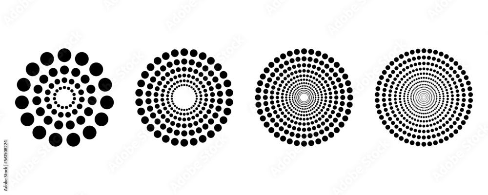 Set of halftone abstract black dots on white background. Spiral and ...