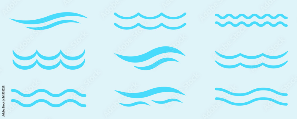 Set of water waves vector icons. Sea and ocean blue waves. Vector 10 Eps. - obrazy, fototapety, plakaty 