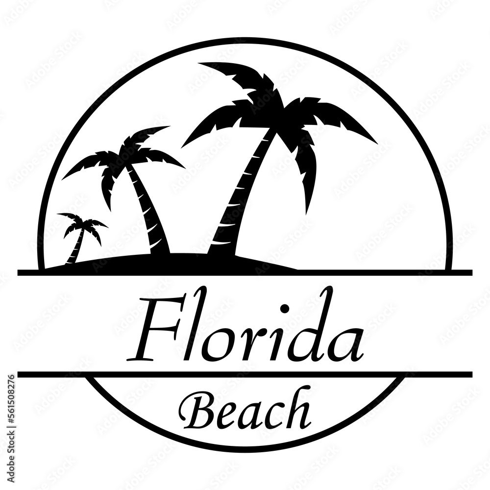 Destino de vacaciones. Logo aislado con texto manuscrito Florida Beach con silueta de isla con palmeras en círculo