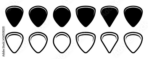 Set of guitar pick vector icons. Black silhouette with guitar pick. Musical plastic equipment. photo