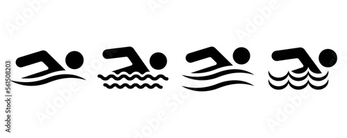 Swimming icon. Swimmer man and wave. Swim sea or pool. Information for person. Vector icons set.