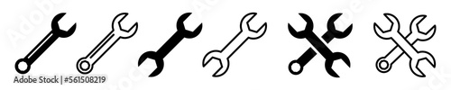 Set of wrench vector icons. Black icons with spanner. Tighten bolt. Repair sign. 
