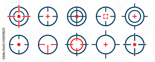 Set of target vector icons. Focus or aiming. Shot on bullseye. Sight sniper. Shot on gun. Marketing success.