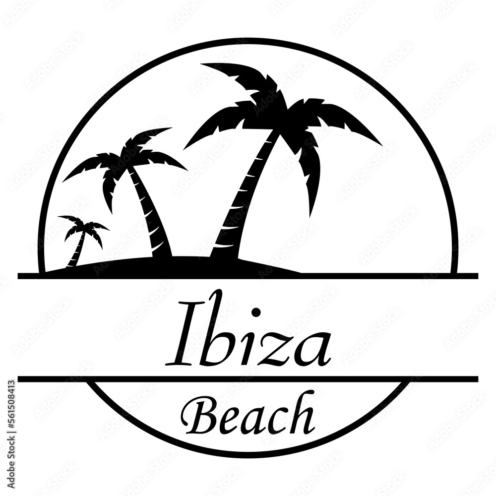 Destino de vacaciones. Logo aislado con texto manuscrito Ibiza Beach con silueta de isla con palmeras en círculo