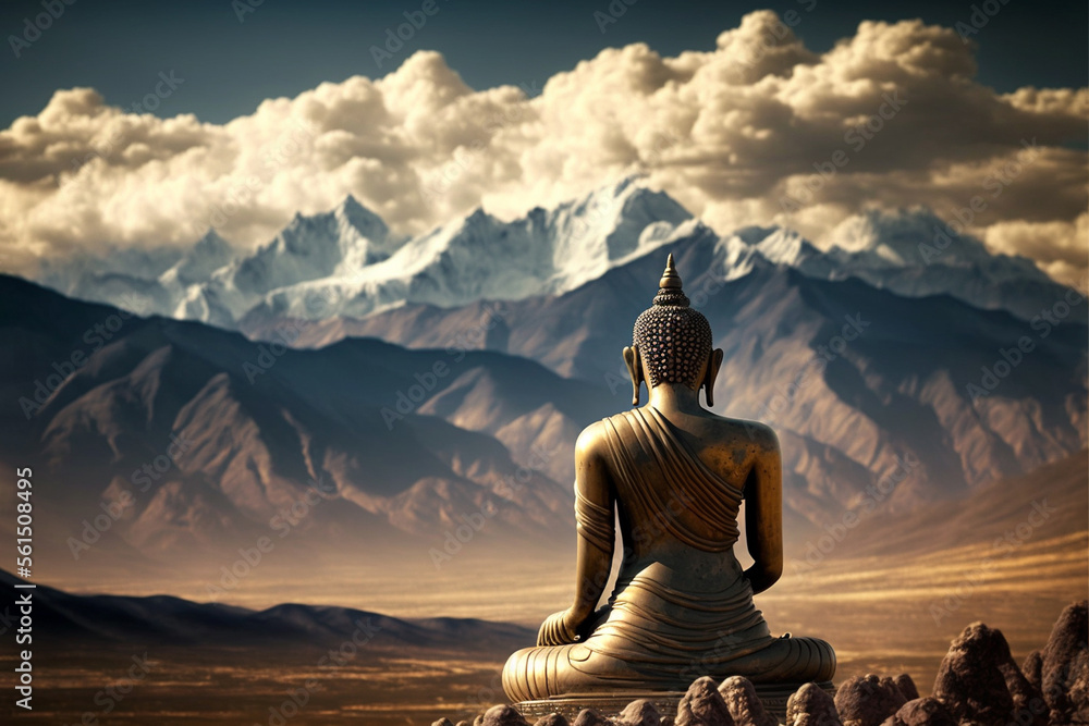 Meditating Buddha in beautiful landscape with high mountains, Generative AI Meditating Buddha in beautiful landscape with high mountains, Generative AI