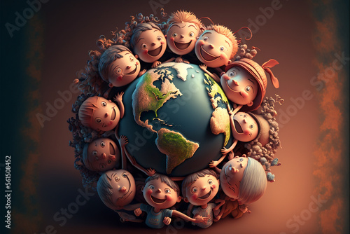 World environment and earth day concept with happy children surrounding the globe, clay art.