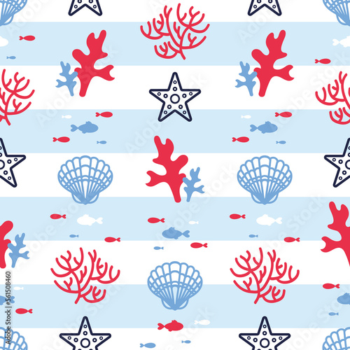 Summer marine striped seamless pattern with corals, starfish, algae, shells and fish. Red and blue colors. Ocean dwellers, vest. Flat style. For wallpaper, printing on fabric, wrapping,