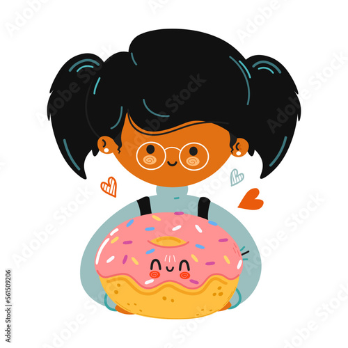 Young cute funny girl hold Donut in hand. Girl hugs cute Donut. Vector hand drawn doodle style cartoon character illustration icon design. Isolated on white background