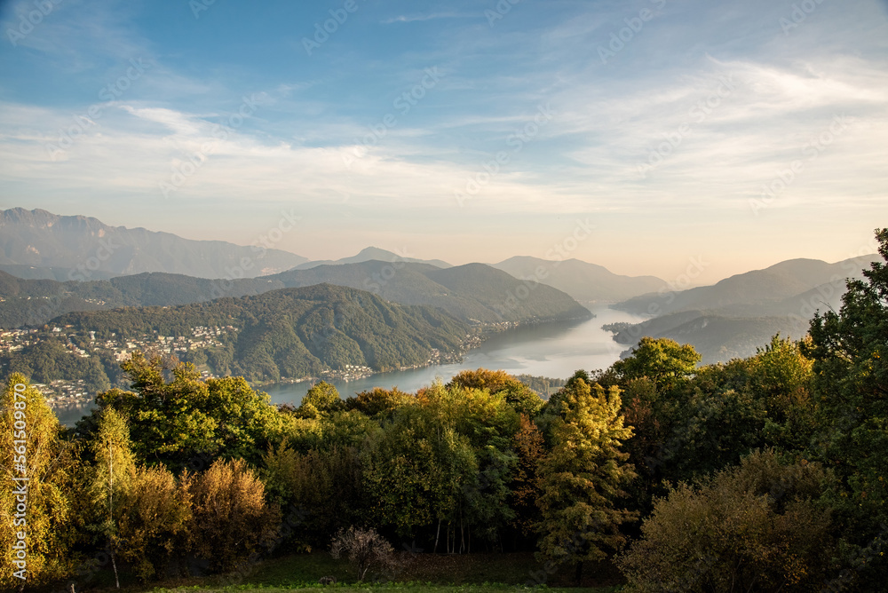 panoramic view of the lake of Lugano in Switzerland panoramic view of the lake of Lugano in Switzerland
