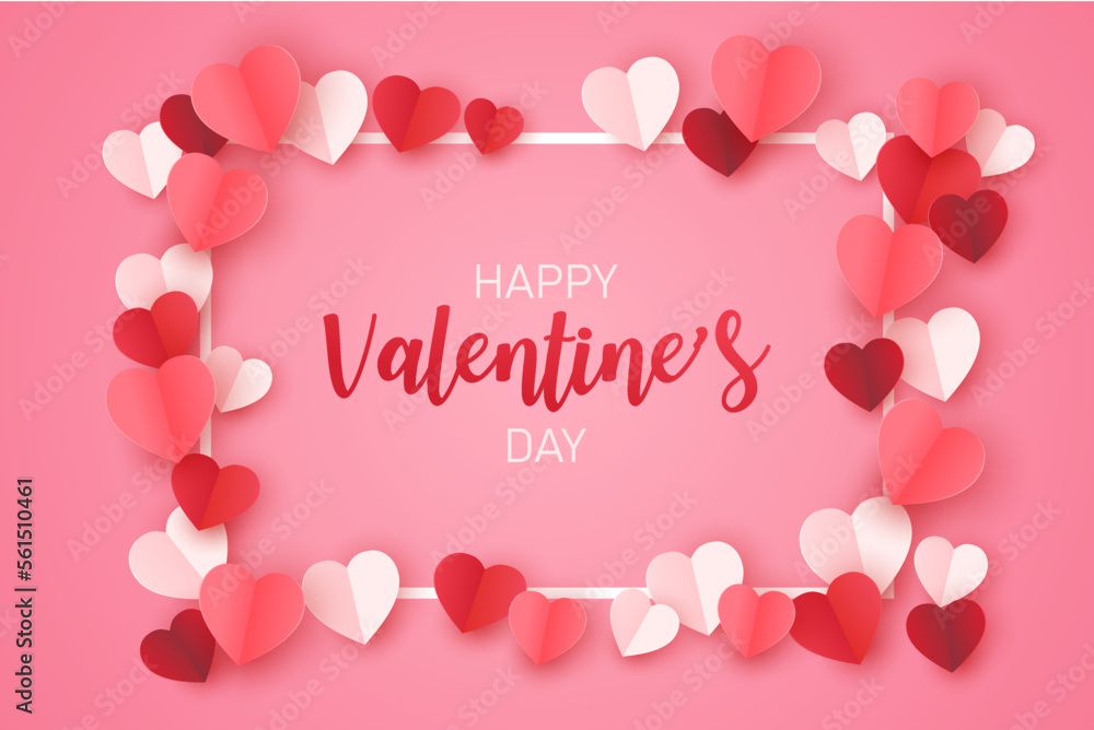 valentines day poster paper craft on pink background. pink,red and white hearts with copyspace. love concept for happy valentine. vector illustration banner design.