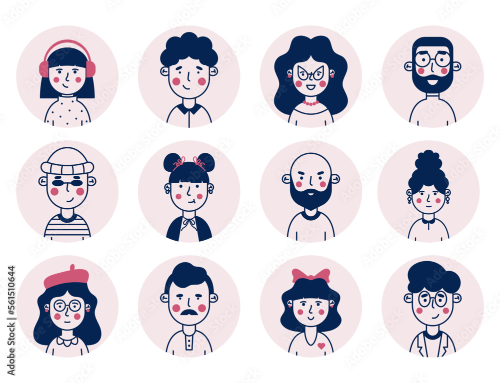 Fototapeta premium Collection of vector avatars for social networks, applications and websites. Female and male portraits with different hairstyles and emotions