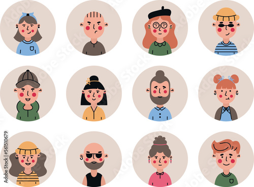 Portrait of People. A set of avatars of young people in flat style. Round user avatars.