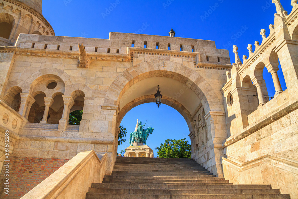 Bottom view of the staircase in the Fisherman's Bastion overlooking the equestrian statue of King Saint Stephen, Budapest, Hungary
