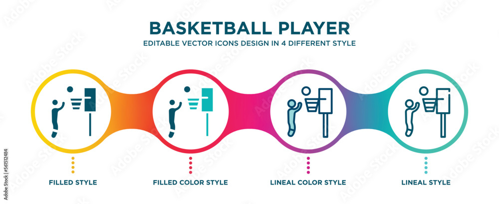 basketball player scoring icon in 4 different styles such as filled