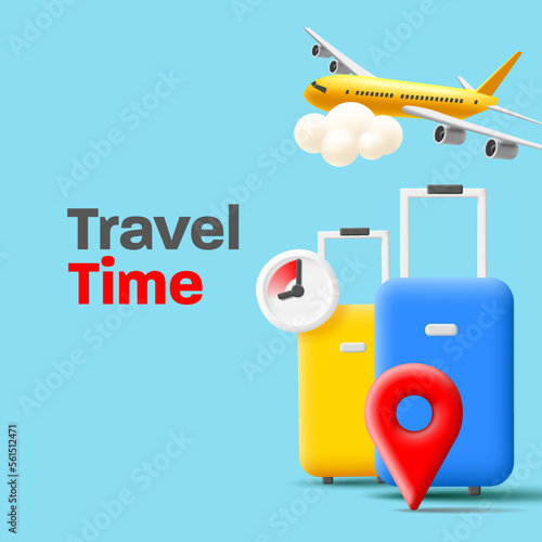 Business trip banner with travel bags, plane in cluds and timer with red geotag, 3d render illustration photo