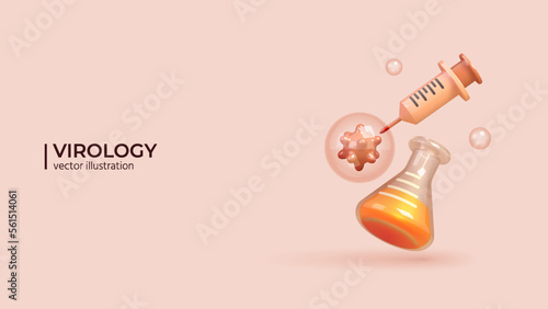 3d Vector Scientist studies Viruses and Bacteria Concept. Realistic 3d Design of Medical laboratory Test Tube, Virus and Syringe in Trendy colors. Vector illustration in cartoon minimal style.