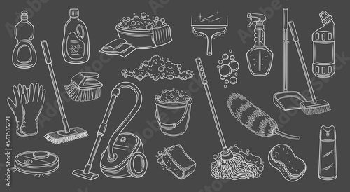 Cleaning outline icons set vector illustration. Line hand drawn equipment and tools collection to clean home, cleaning mop and sponge with soap bubbles, laundry detergent bottle, bucket and broom