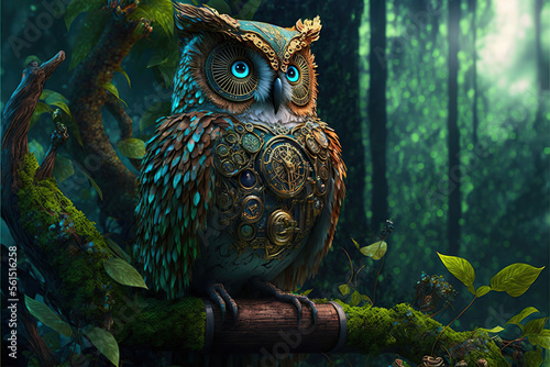 sci-fi steampunk owl in a forest, Generative AI © Dianne