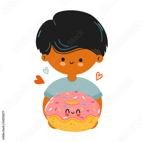 Young cute funny boy hold Donut in hand. Young boy hugs cute Donut. Vector hand drawn doodle style cartoon character illustration icon design. Isolated on white background