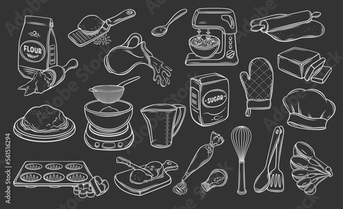 Cooking outline icons set. Line hand drawn ingredients to bake and cook in kitchen, food and dessert preparation symbols and bakers tools to make dough and whipped cream cake. Vector illustration.
