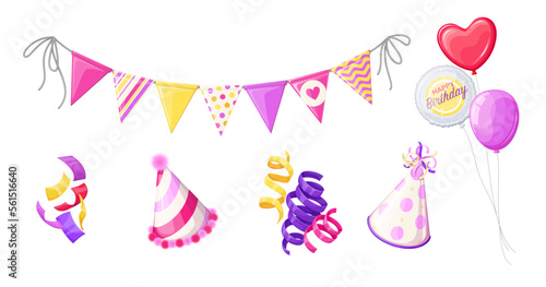 Birthday festive decor set vector illustration. Cartoon isolated garland with hanging on rope colorful bright triangle flags, bunch of balloons of different shapes, birthday cone hats and serpentine © setory