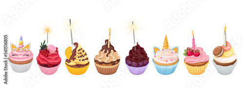 Birthday cupcakes set vector illustration. Cartoon isolated sweet muffins in paper cup, dessert menu collection of different cupcakes with whipped cream and berry, macaroons and candles decoration