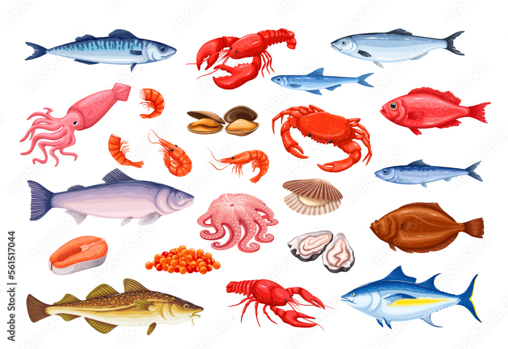 Naklejka premium Sea and ocean fishes and marine animals set vector illustration. Cartoon isolated seafood collection with red caviar, pieces and whole salmon, raw shrimp and crab, oyster and tuna for restaurant menu