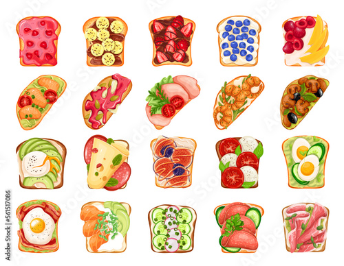 Toasts set vector illustration. Cartoon isolated breakfast food in restaurant menu collection, slices of toasted cereal bread or baguette with eggs and cheese, vegetables or fruit, meat or seafood