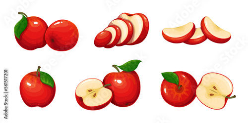Red apple set vector illustration. Cartoon isolated whole delicious juicy fruit and cut into portion slices, half and quarter pieces and organic fruity apples