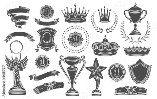 Awards glyph icons set vector illustration. Silhouette of gold medal prize for first place of winner, reward royal crown and diploma roll with seal or ribbon, laurel leaves emblem, award cup on stand