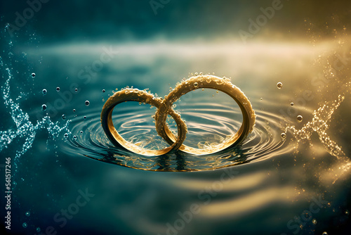 Wedding rings in the water. Valentine's day. Anniversary, Illustration. Generative AI