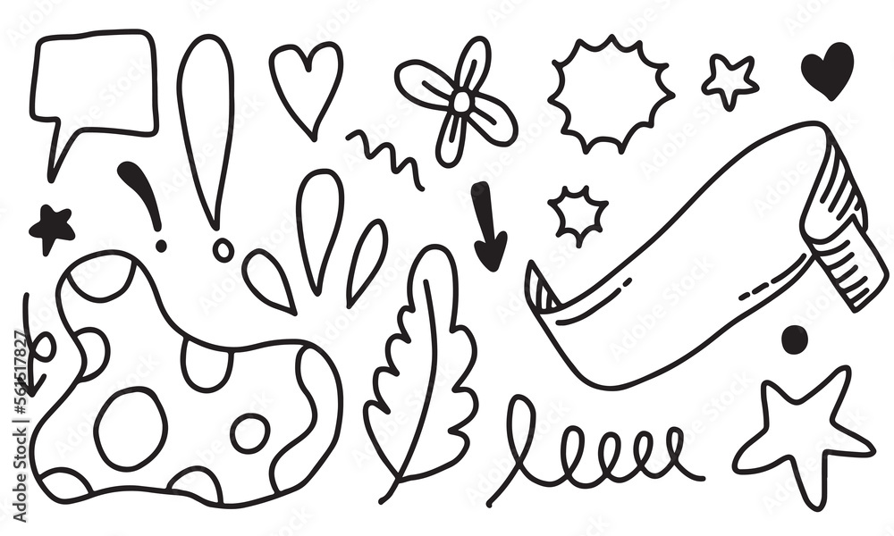 Hand drawn flower, heart, ribbon, arrow, star for concept design. Hand drawn flower, heart, ribbon, arrow, star for concept design.
