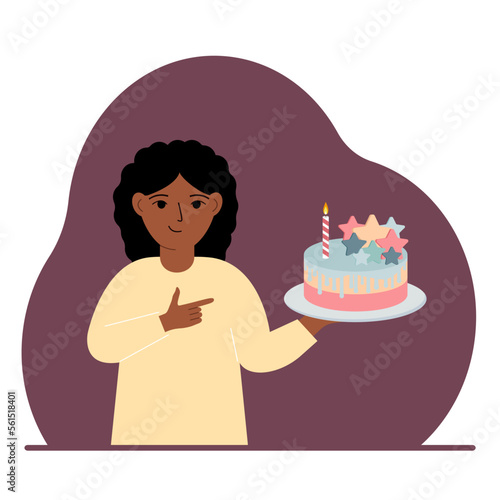 A little girl celebrates a birthday or some event. A little girl with a birthday cake with a candle.