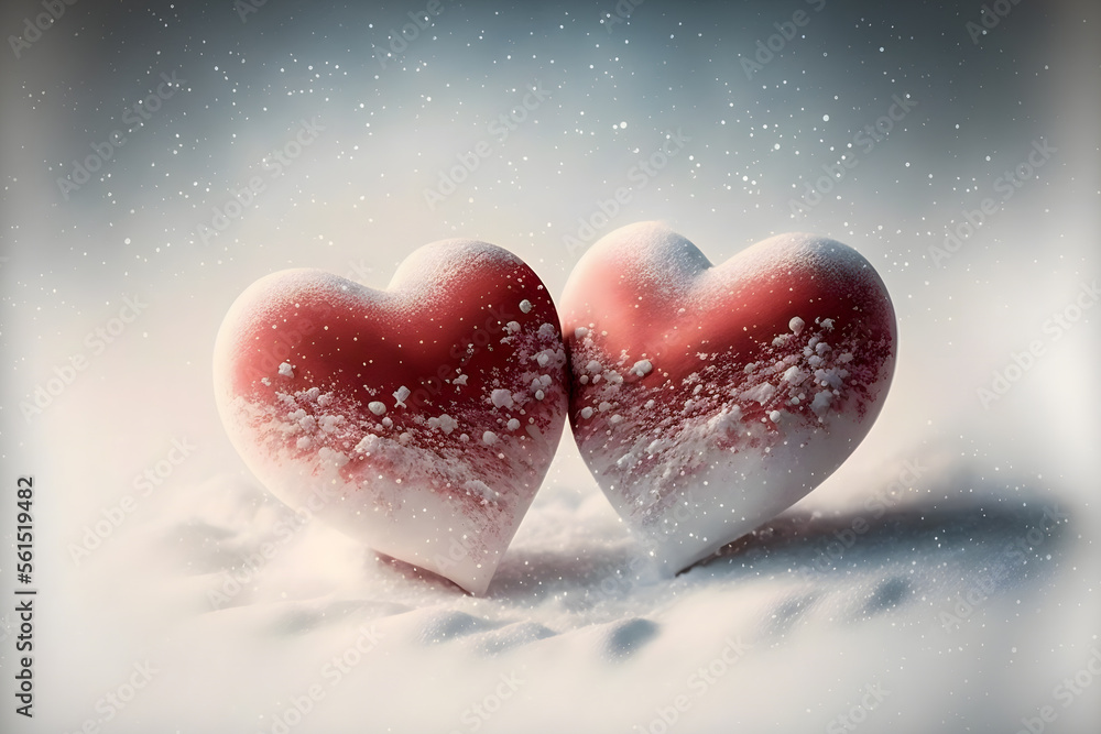 Hearts in snow. Valentine's day. Illustration. Generative AI