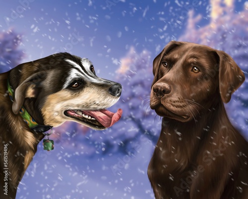 Photography Two funny dogs in winter digital illustration for a Christmas postcard design