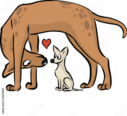 Vektor Illustration von großem Hund und kleinem Chihuahua, die sich am Valentinstag von Herzen und voller Liebe lächelnd anblicken