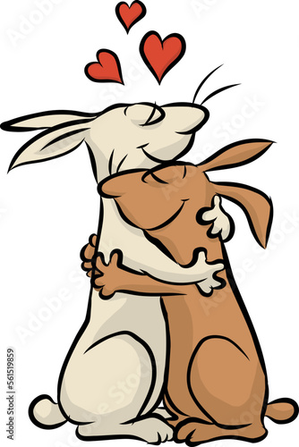 Vektor Illustration von zwei Hasen in inniger Umarmung am Valentinstag, die von Herzen und voller Liebe lächelnd kuscheln