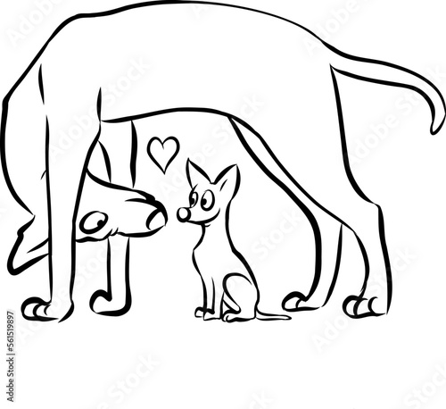Vektor Illustration von großem Hund und kleinem Chihuahua, die sich am Valentinstag von Herzen und voller Liebe lächelnd anblicken