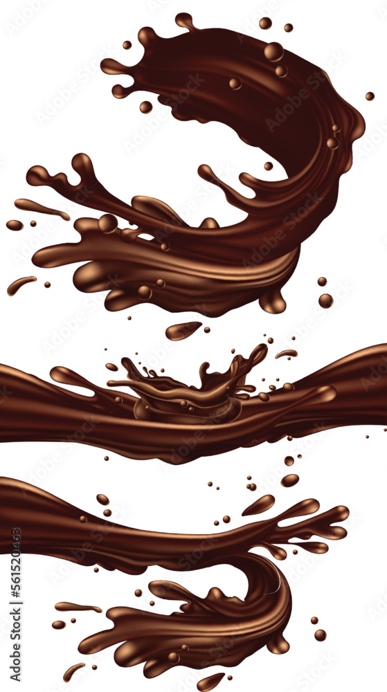 A jets of liquid glossy chocolate with splashes and drops on a white background.3D vector. High detailed realistic illustration A jets of liquid glossy chocolate with splashes and drops on a white background.3D vector. High detailed realistic illustration